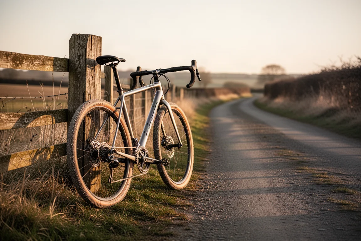 Gravel bike leaning against a wooden fence post on a country lane at golden hour