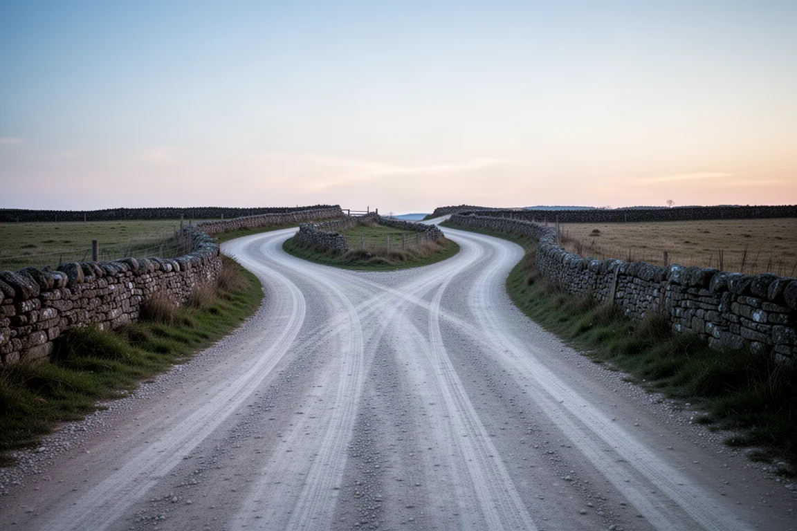 Two-track gravel road forking into two directions at dusk