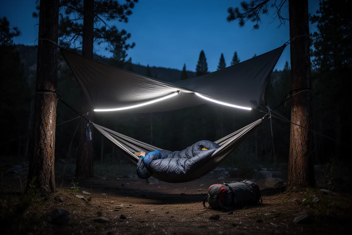 Campingplatz zur blauen Stunde mit einem sanft leuchtenden Lichtband unter einer Zeltplanen-First