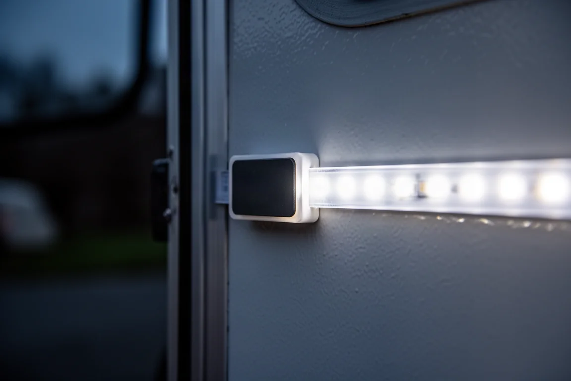 Nahaufnahme eines flexiblen Lichtbands, das kaltweiß vor einer dunklen Zeltwand leuchtet