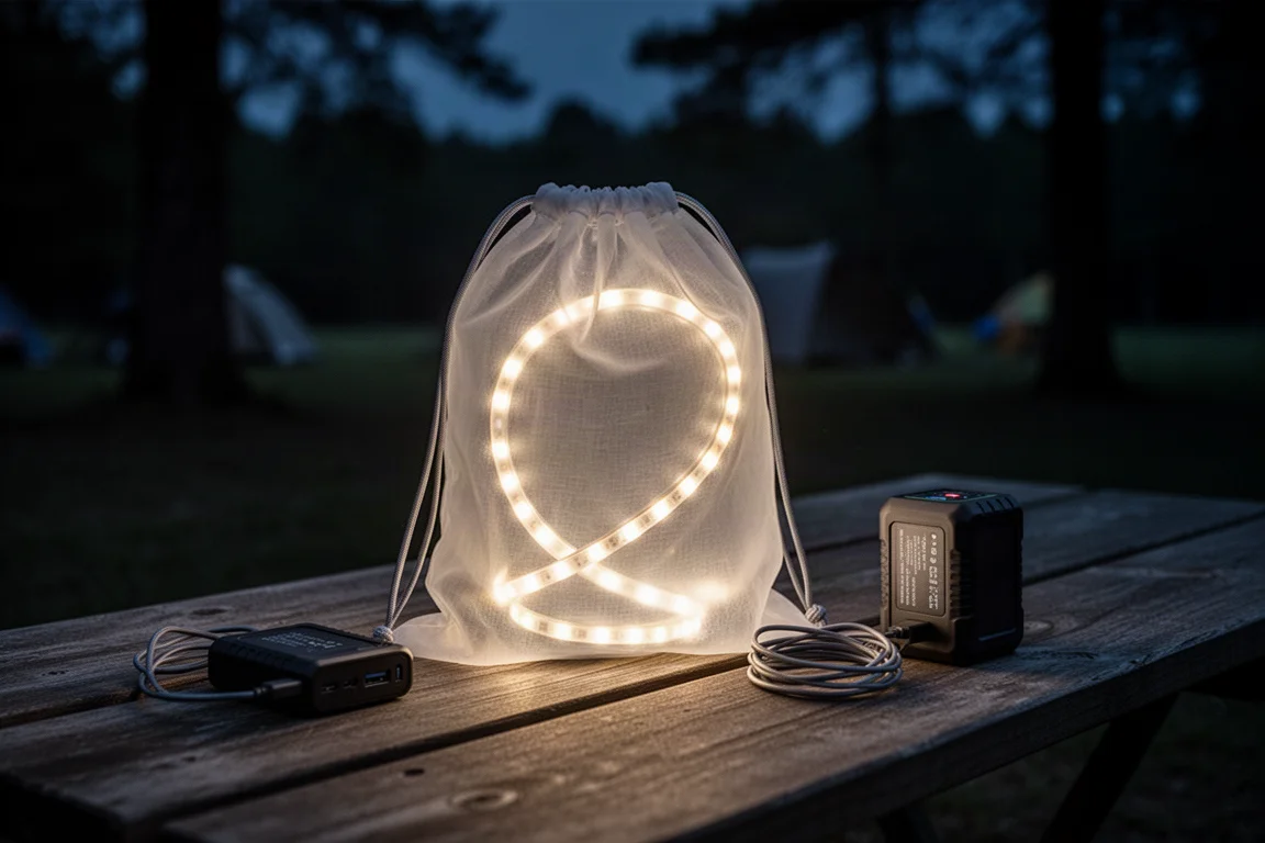 Nächtlicher Campingplatz unter einer Fahrzeugmarkise, beleuchtet von einem sanften Lichtband entlang des Rahmens