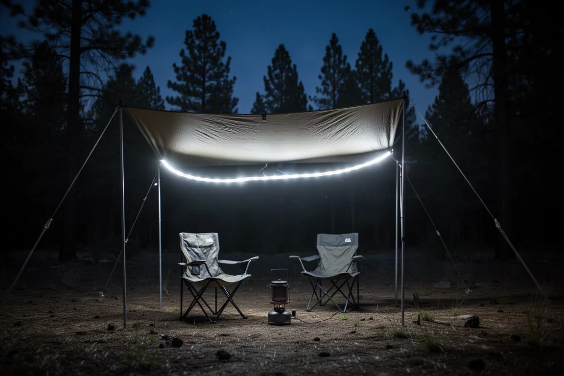 Campeggio di notte con una striscia luminosa accesa tesa sotto un telo
