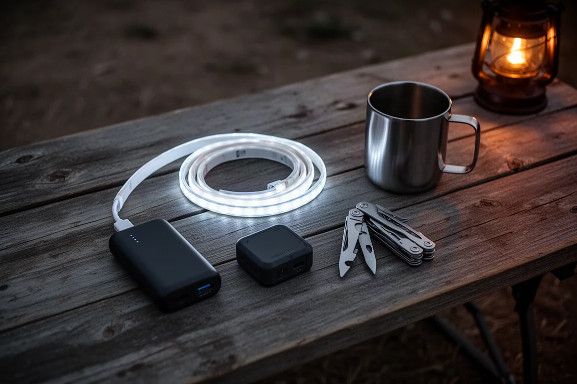 Tavolo da campeggio al crepuscolo con una striscia LED avvolta e un power bank portatile