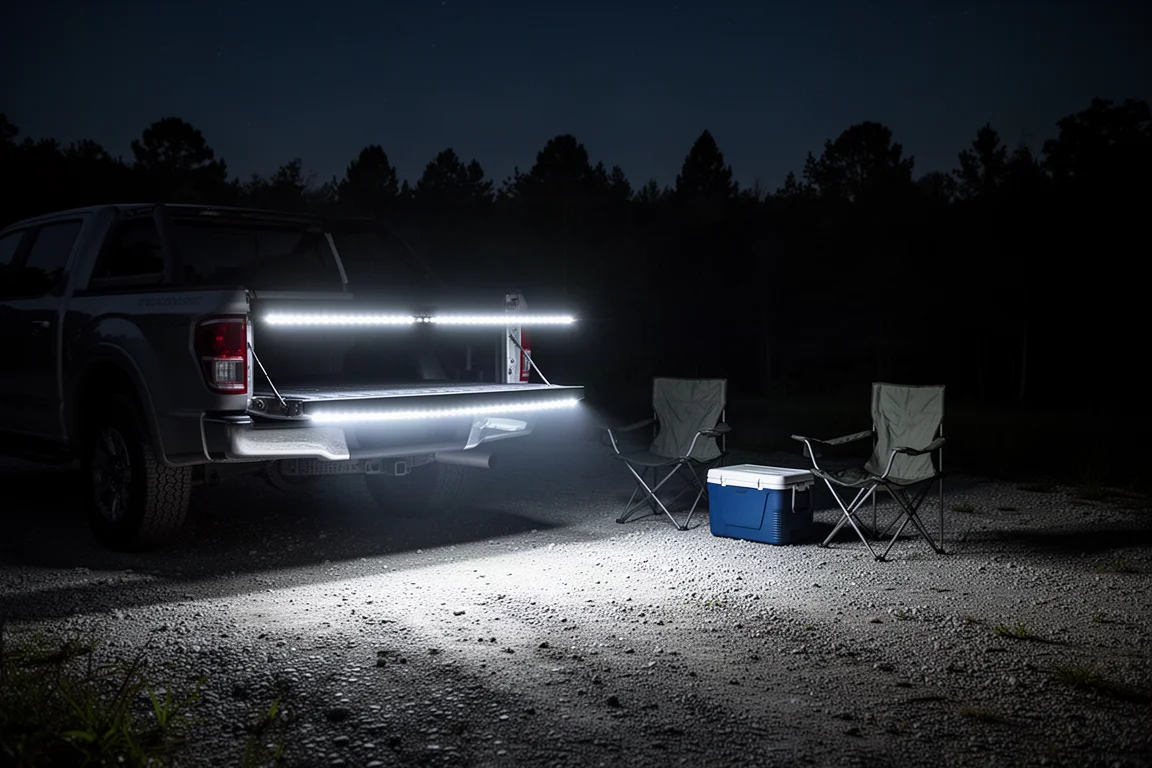 Pickup con portellone aperto di notte e una striscia luminosa che proietta luce bianca fredda a terra