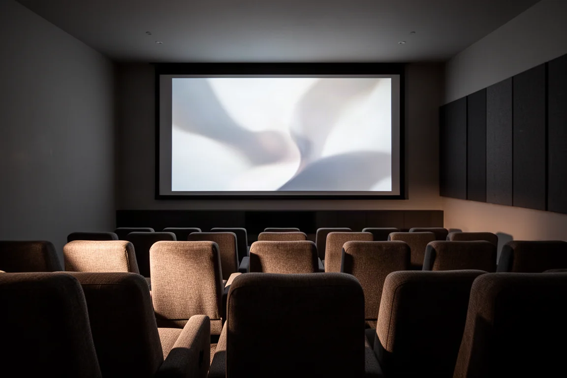 Darkened home theater room with a glowing projection screen and rows of empty seating
