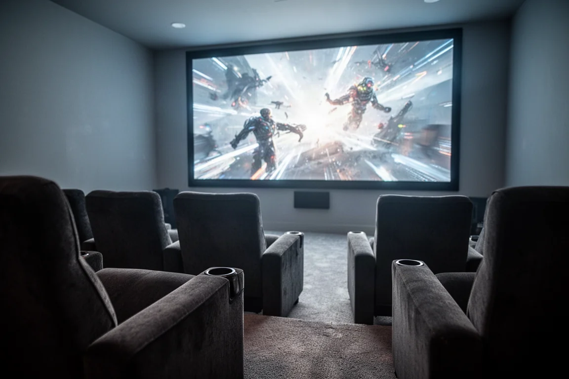 Home theater seating lit by the glow of a bright movie scene on a large screen