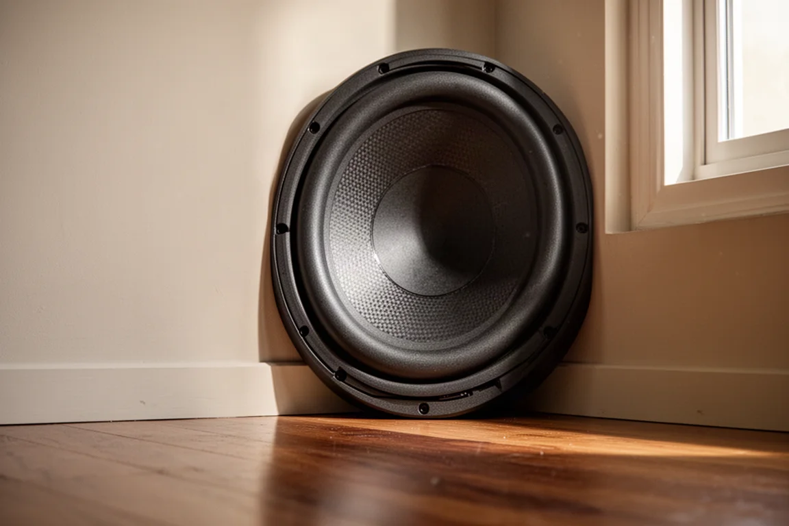 Subwoofer driver close-up in the corner of a softly lit listening room