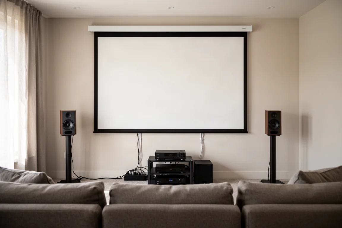 Pair of compact speakers on stands flanking a projection screen in a tidy room
