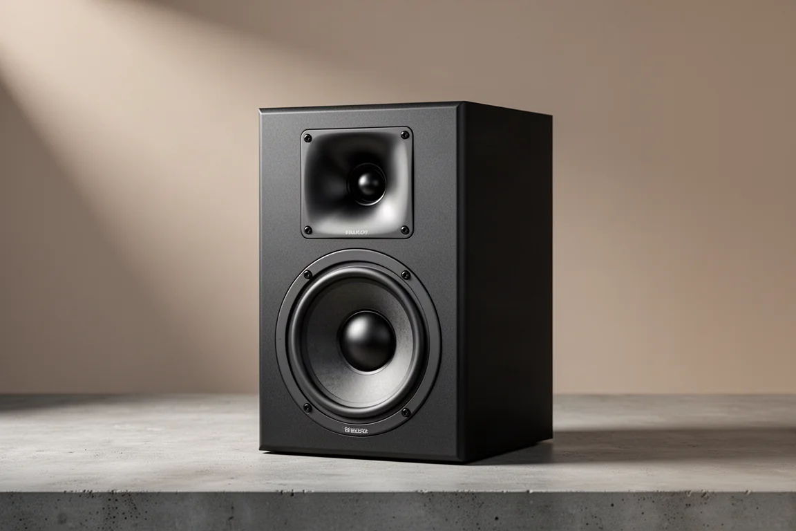 Matte black two-way home theater speaker with horn tweeter and ten inch woofer