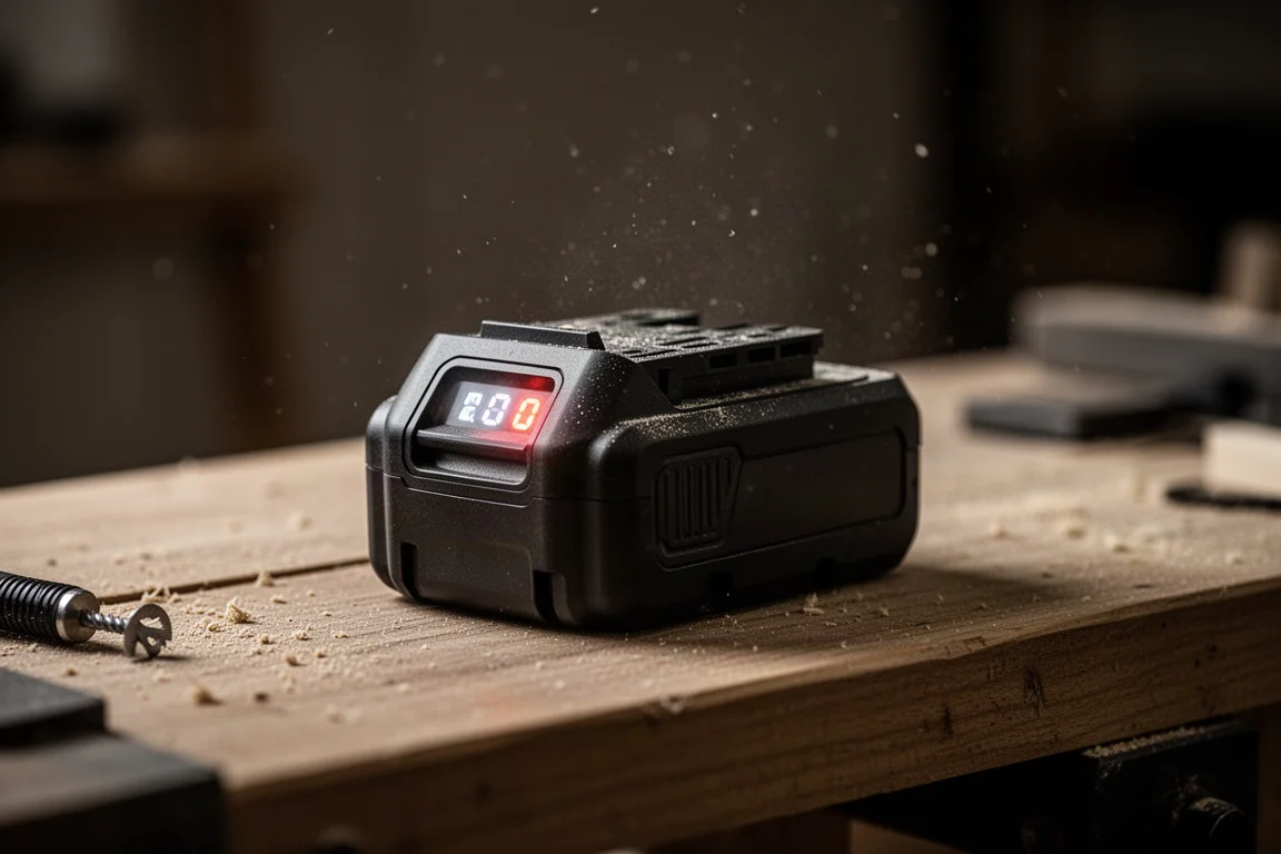 Indicador de carga de un paquete de baterías brillando en un taller con poca luz
