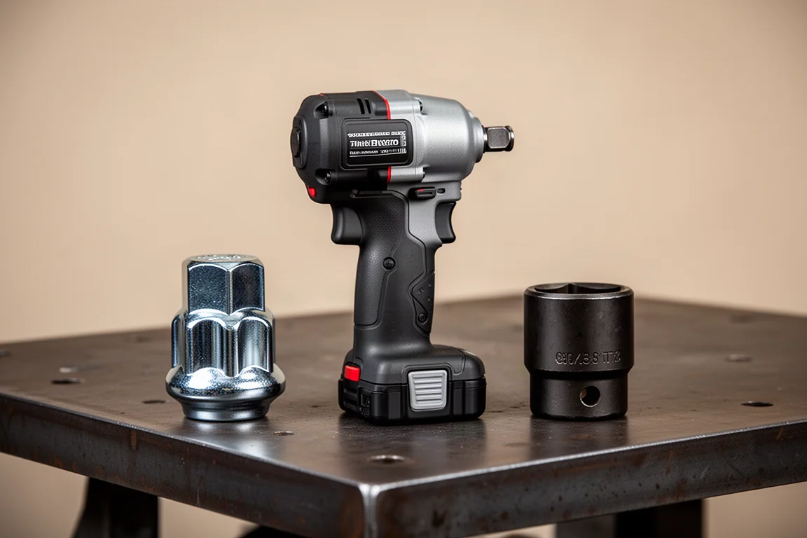 Llave de impacto compacta tipo stubby sostenida junto a una tuerca pesada
