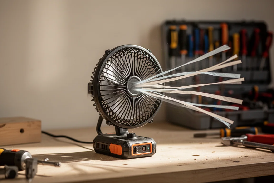 Kabelloser Ventilator läuft in einer Werkstatt, Bänder zeigen den Luftstrom an