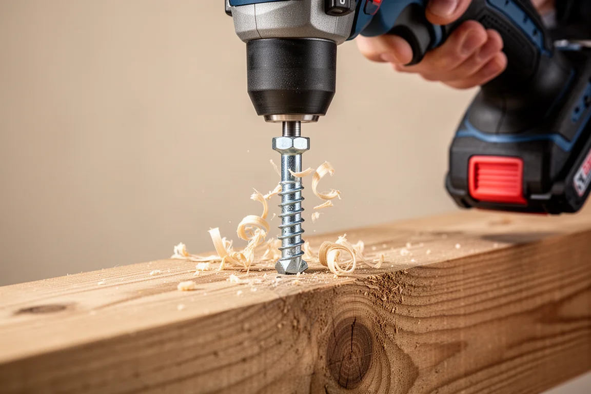 Akkuschrauber versenkt eine große Holzschraube in einem Holzbalken