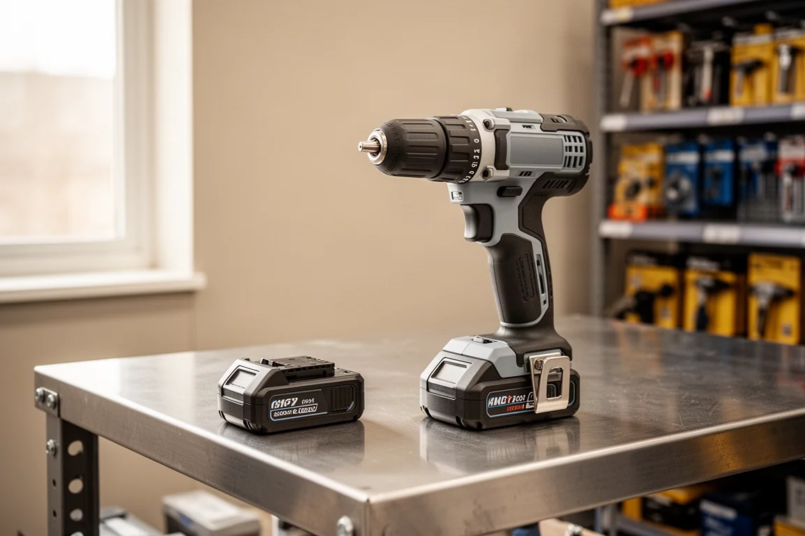 Perceuse sans fil et batteries sur un établi dans un atelier bien éclairé