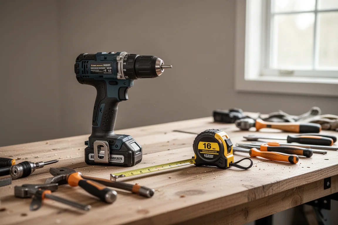 Établi d'atelier DIY avec outils à main et perceuse sans fil en lumière douce