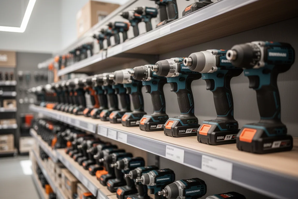 Rangée d'outils électroportatifs sans fil présentés dans un rayon de magasin