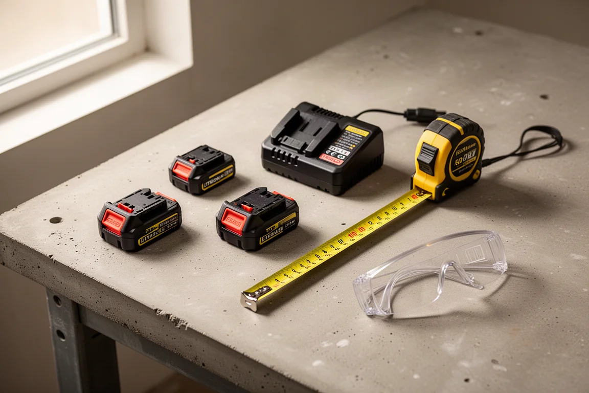 Workbench with cordless drill, battery packs, and charger laid out for a tool buying decision