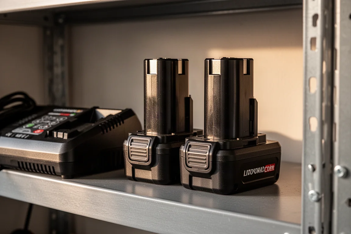 Two cordless power tool batteries resting beside a charger on a garage shelf