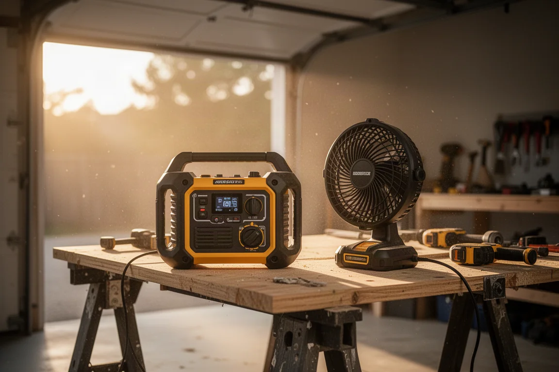 Job site radio and portable fan set up in a garage workshop setting