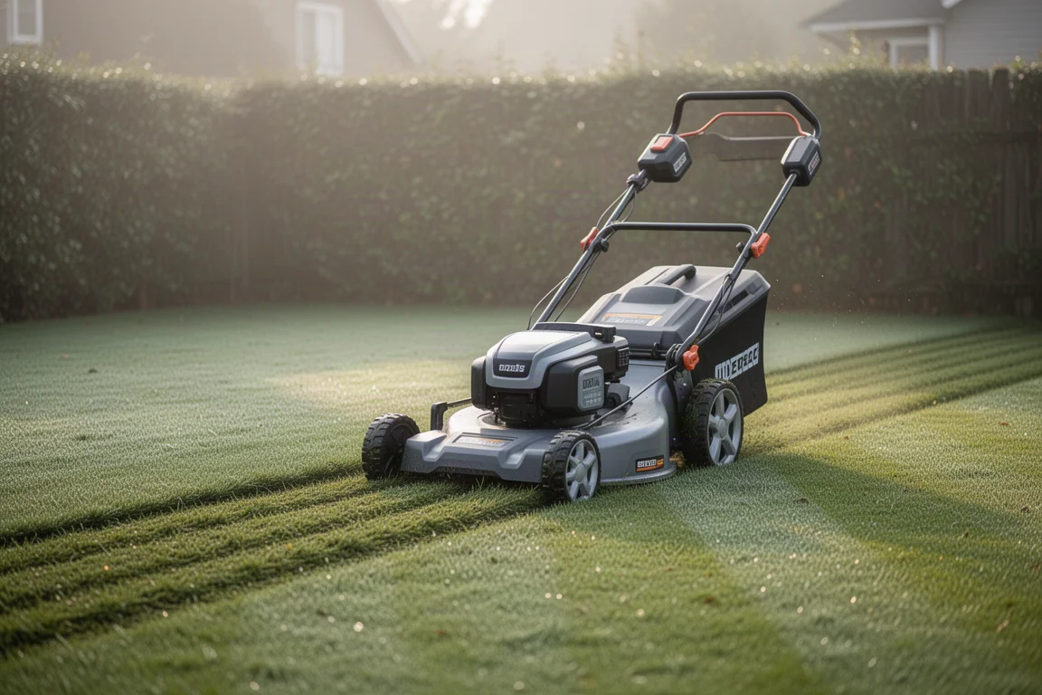 Cordless lawn mower cutting grass on a sunny suburban lawn