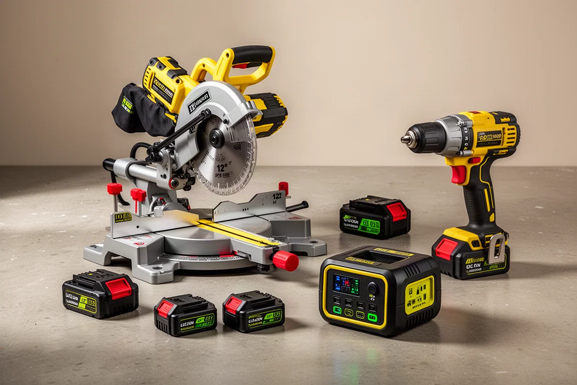 Assorted cordless power tools and batteries arranged on a concrete workshop floor