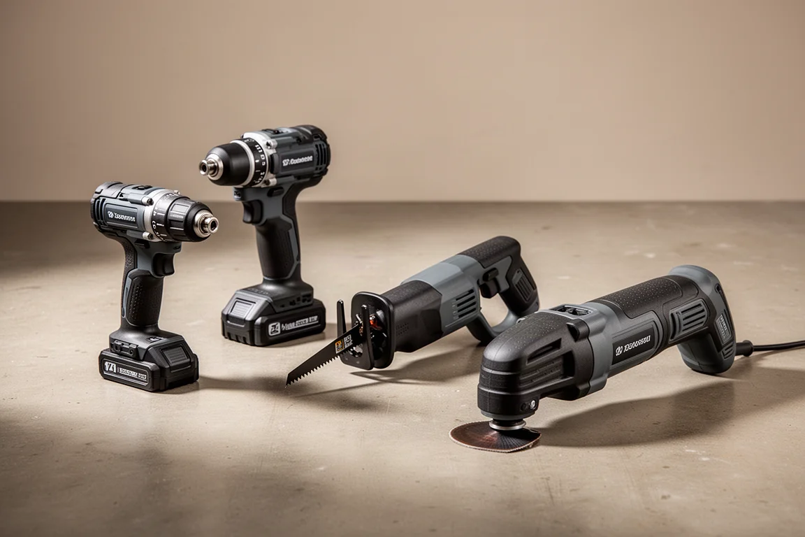 Compact cordless power tools arranged on a concrete workshop floor