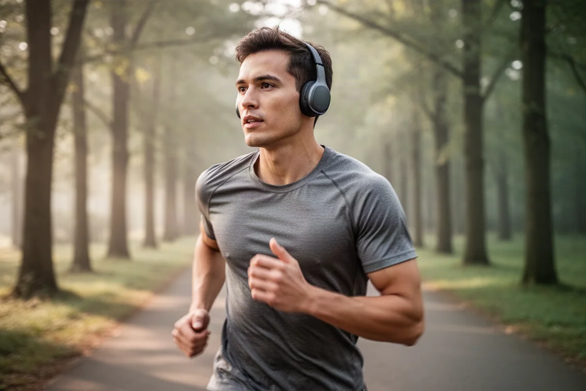 Persona usando auriculares inalámbricos de diadema mientras corre al aire libre