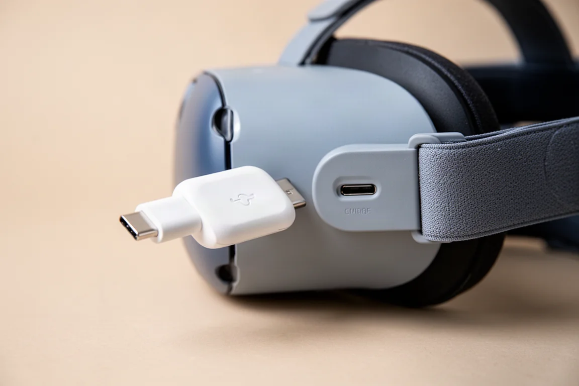 Primer plano de un adaptador inalámbrico de baja latencia conectado a un visor de realidad virtual