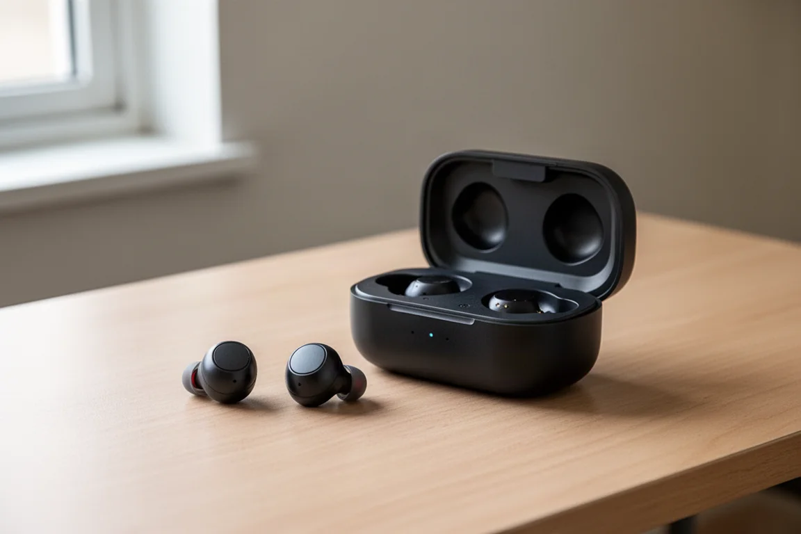 Auriculares inalámbricos con estuche de carga sobre un escritorio de madera