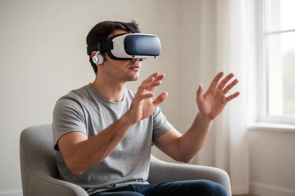 Persona usando auriculares inalámbricos con un visor de realidad virtual en una habitación luminosa