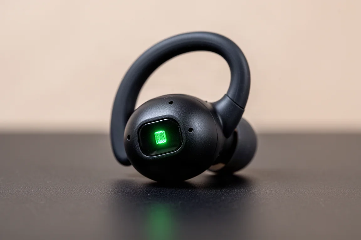 Auricolari sportivi con luci del sensore verdi che brillano dolcemente all'interno delle punte auricolari