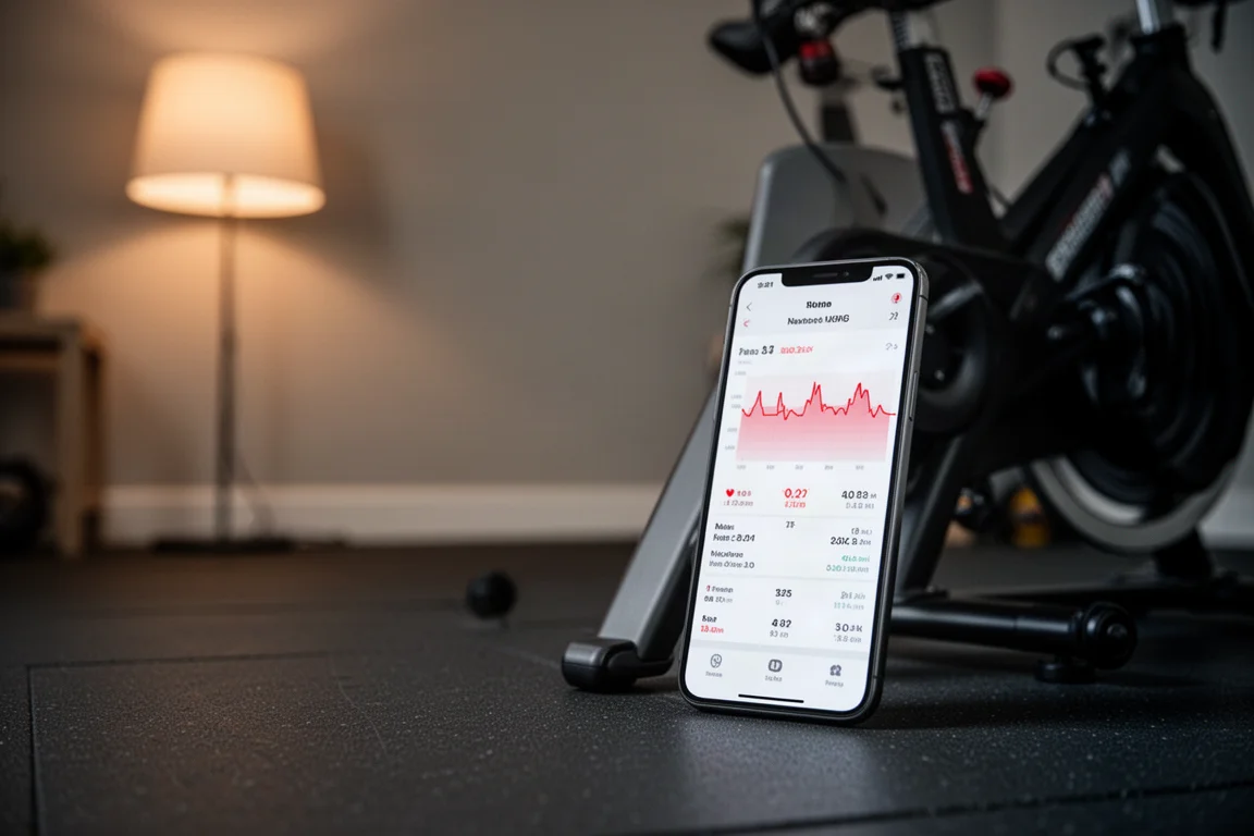 Smartphone con app di fitness accanto a un rullo per cyclette indoor
