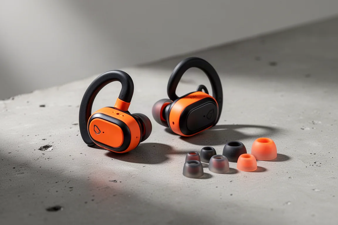 Orange and black wireless sports earbuds with ear hooks beside silicone ear tips on concrete