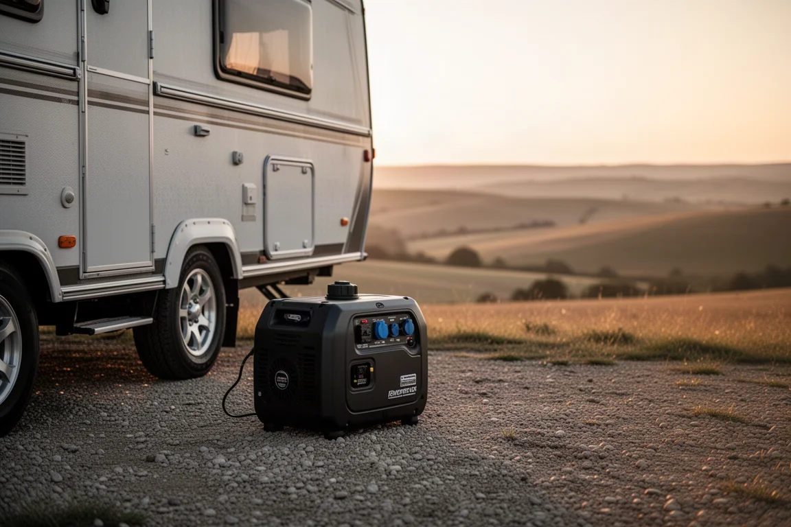 Portable inverter generator sitting on gravel beside a camper at dusk