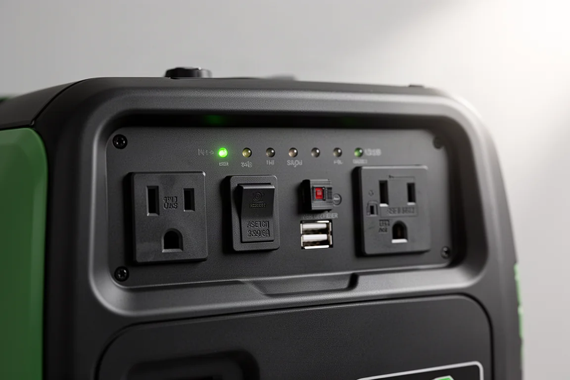 Control panel of a small inverter generator with outlets and indicator lights