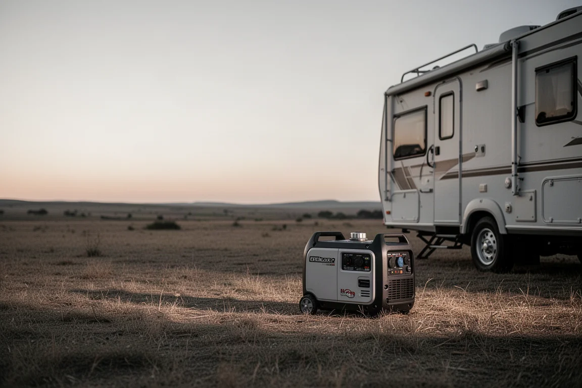 Inverter generator running quietly beside an RV under a wide open sky