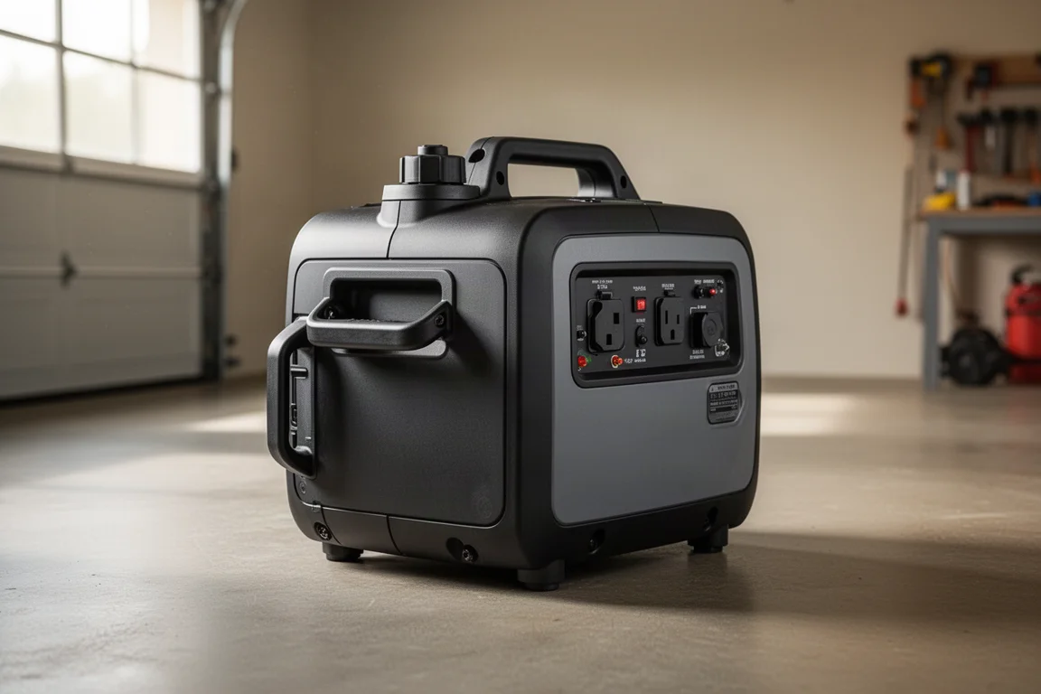 Compact black portable inverter generator on a concrete workshop floor