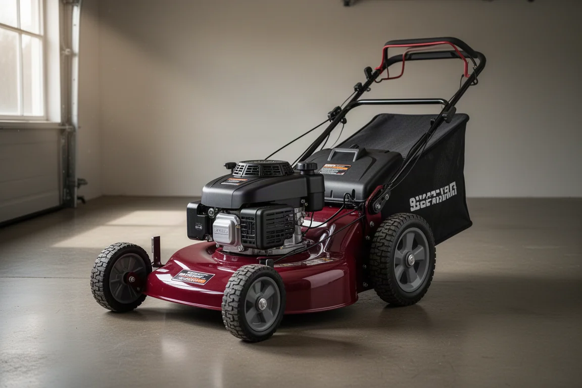 PowerSmart 22-inch self-propelled gas lawn mower on a concrete garage floor