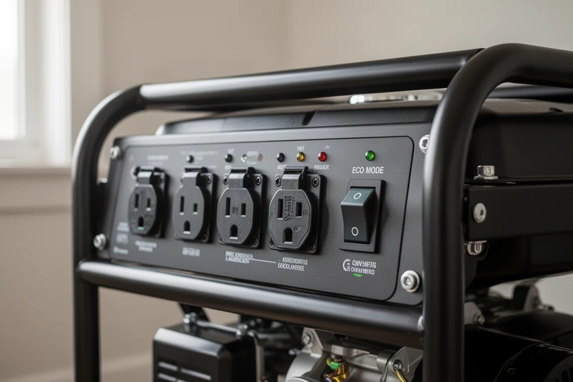 Panel de control del generador con tomas eléctricas y luces indicadoras