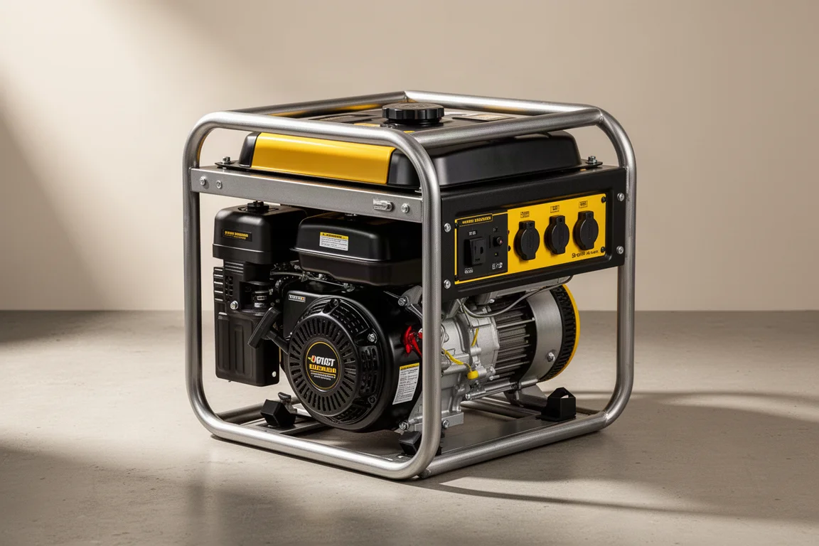 Open-frame portable generator with top fuel tank and control panel on concrete surface