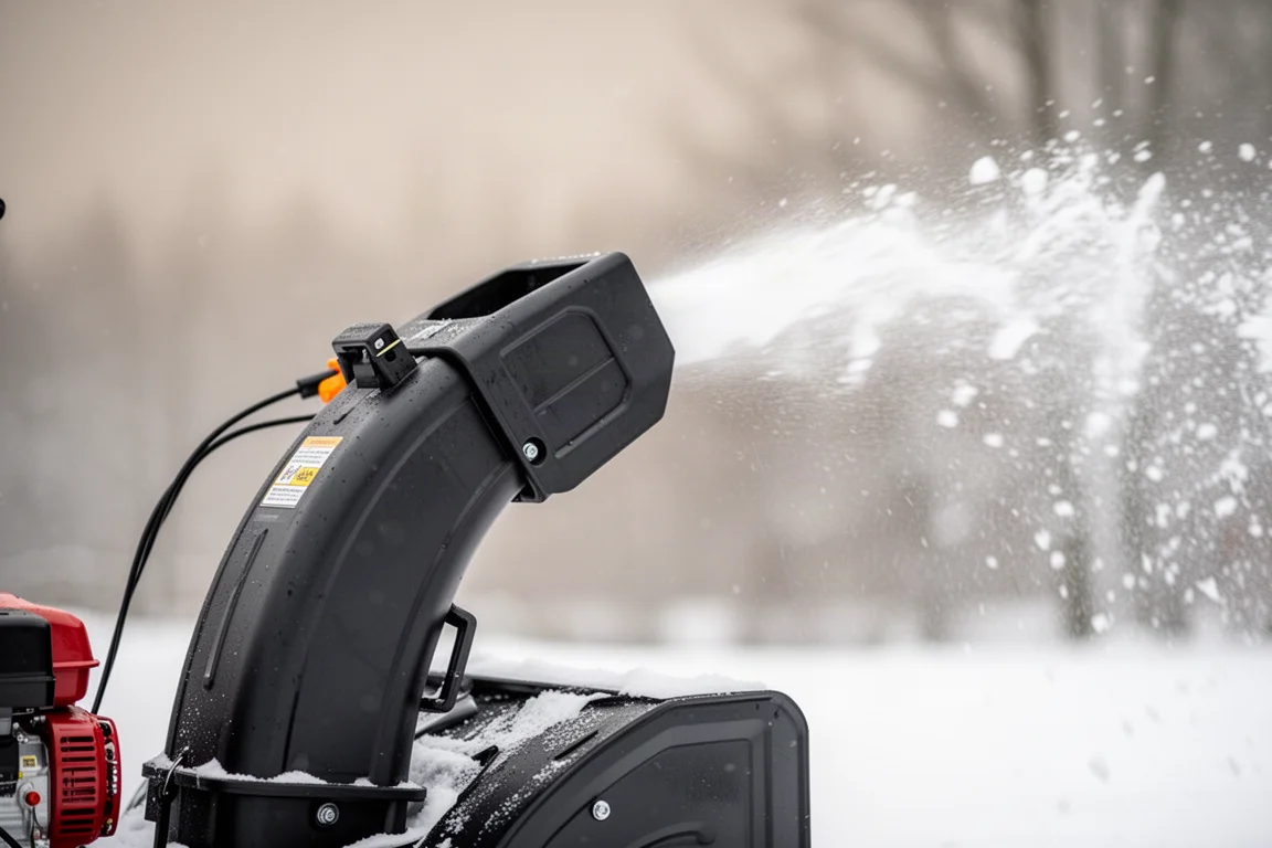 Calha de descarga giratória lançando neve em um arco controlado