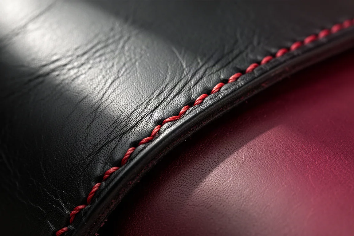 Close-up of full grain leather wallet grain and red saddle stitching