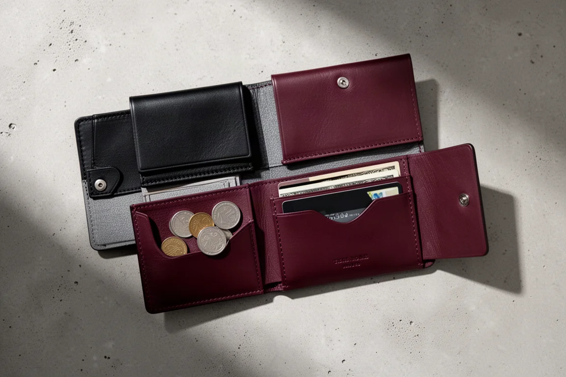 Wallet opened flat showing multiple inner pockets and flaps
