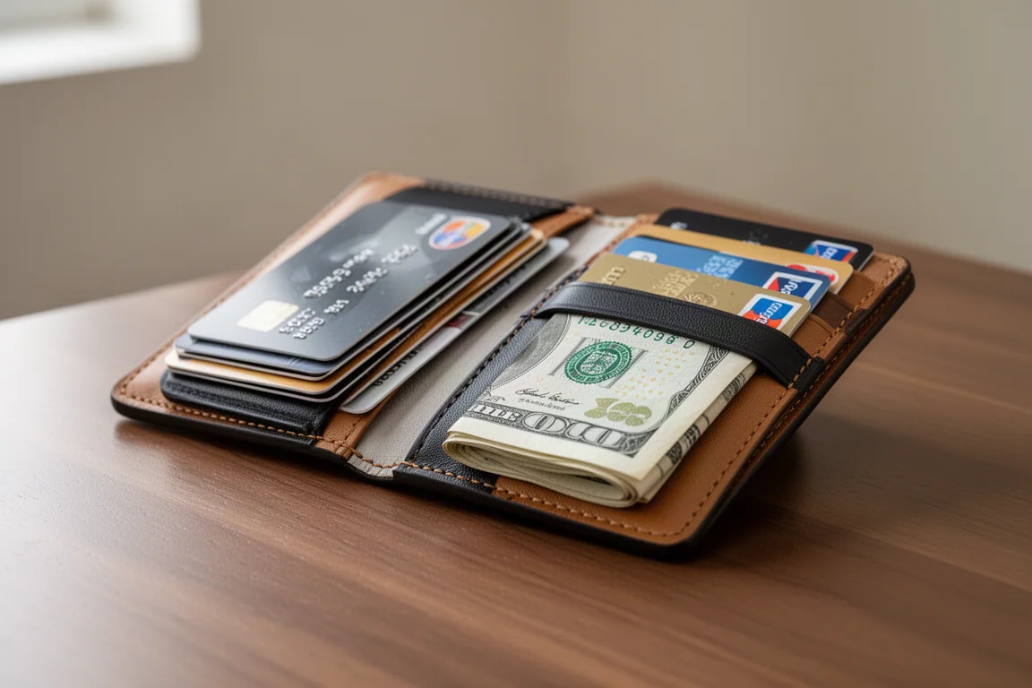 Wallet filled with a stack of cards and folded banknotes