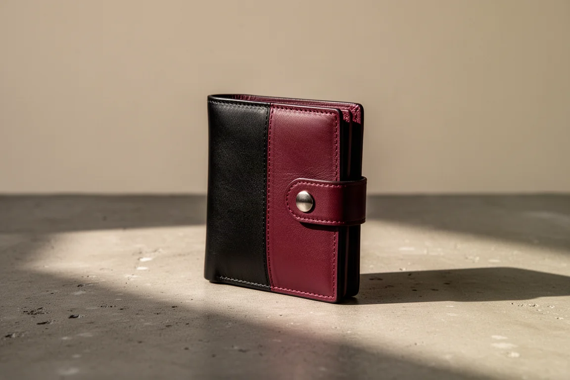 Wallet folded and snapped shut held in natural light on a desk