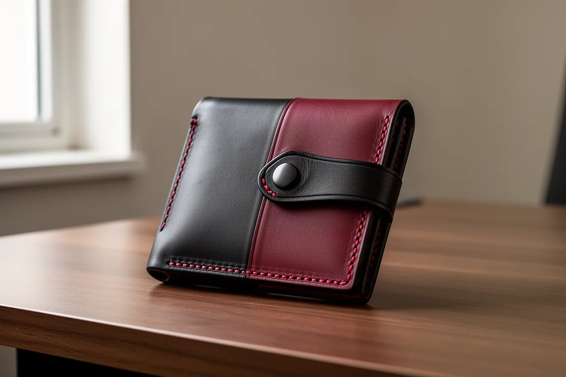 Two-tone black and burgundy hand-stitched leather wallet on a wood desk
