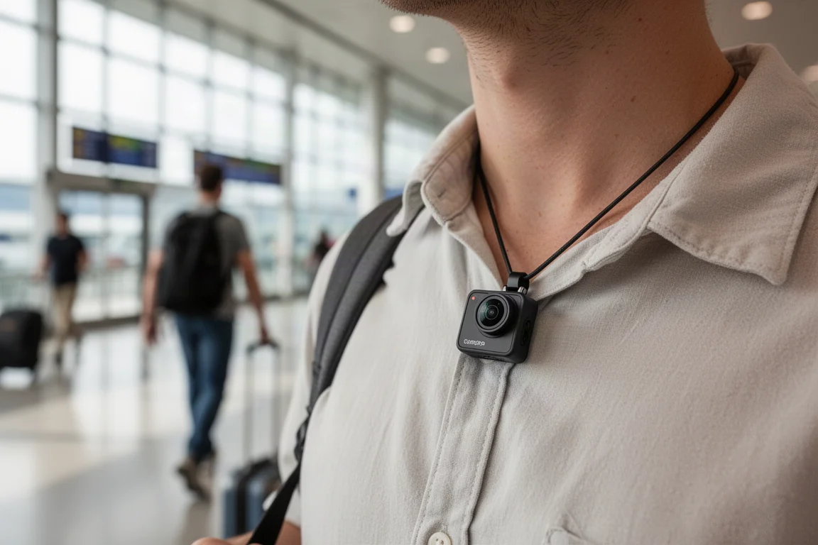 Liten magnetisk kamera fäst vid en skjortkrage för POV-inspelning