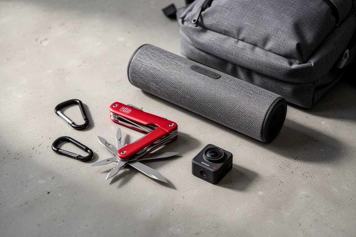 Flat-lay of a carabiner, multi-tool, backpack, speaker, and tiny camera on concrete