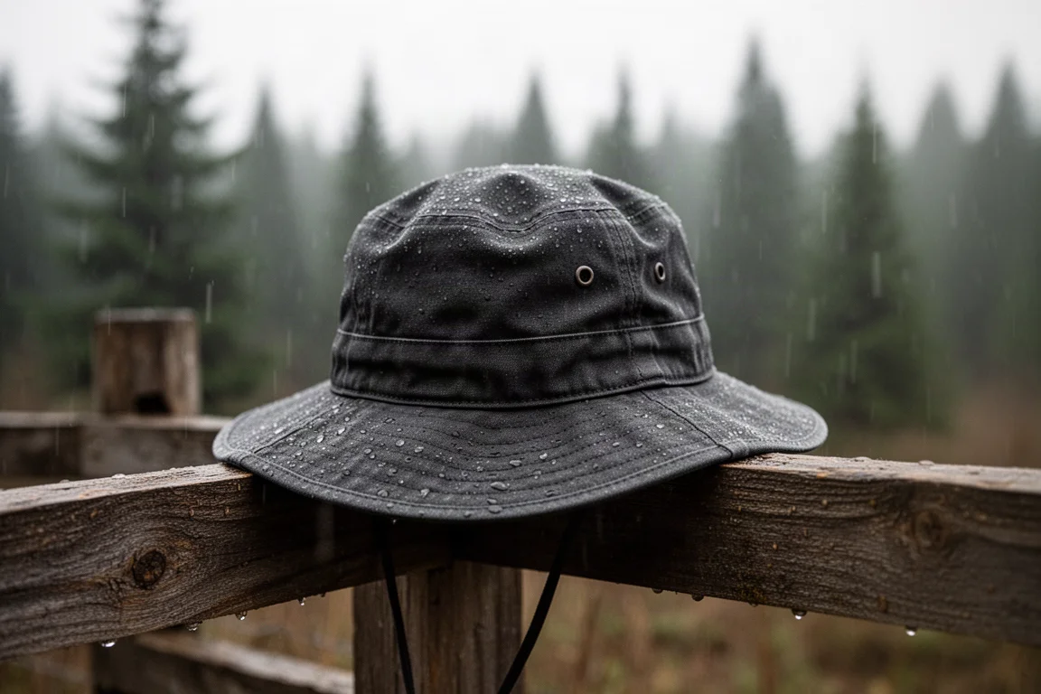 帆布雨帽在小雨中放在乡村木栅栏上