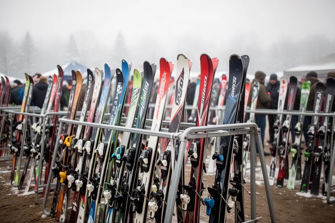 Rows of used skis standing in metal racks at an outdoor ski swap on an overcast morning